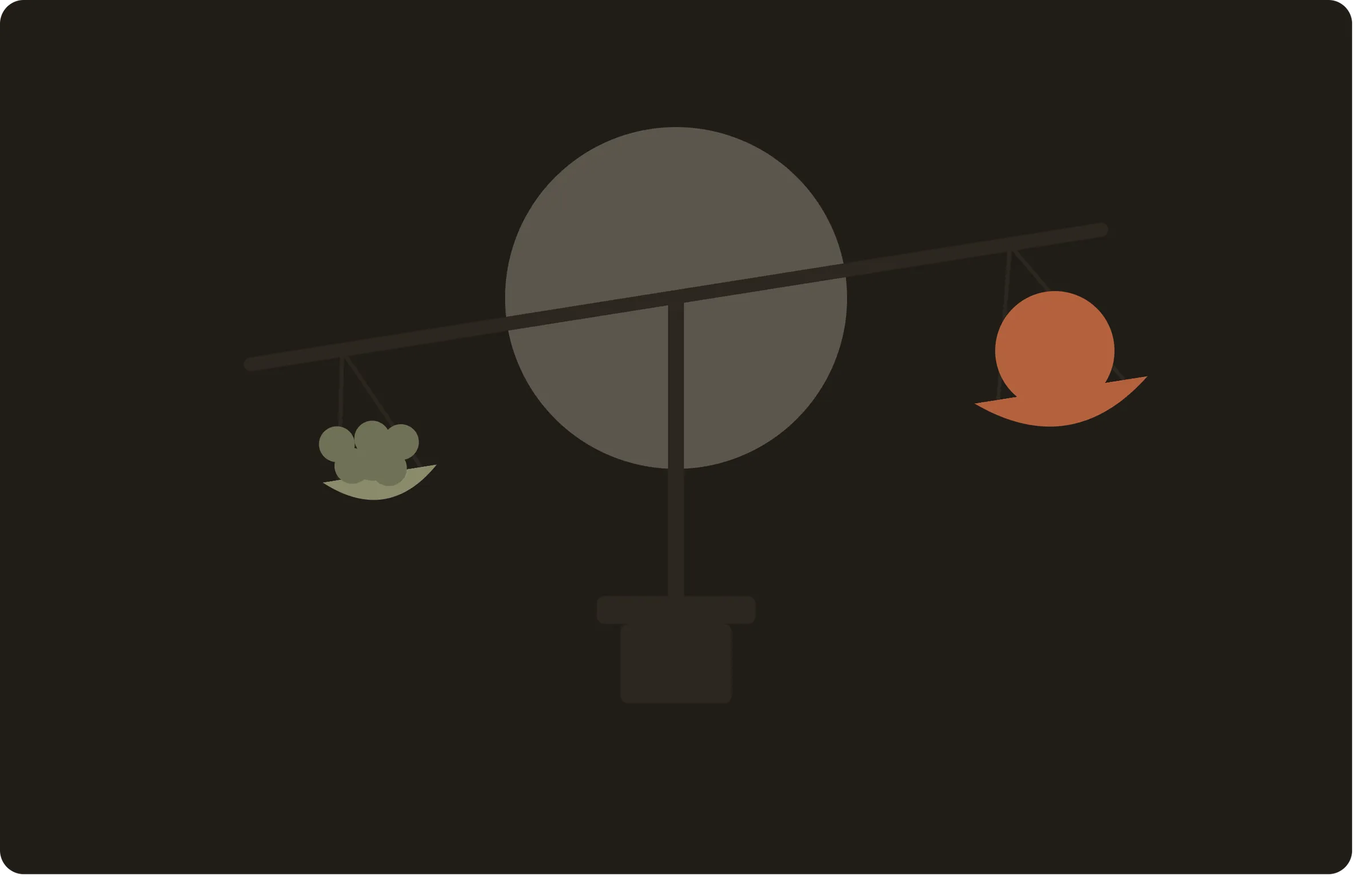 Illustration of a balance scale with a cluster of small green weights on one pan and a single large orange weight on the other